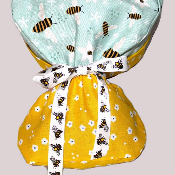 Womens Bumble Bee Aqua Scrub Cap Ponytail Surgical Hat, Silk Ribbon Ties - Picture 3 of 7